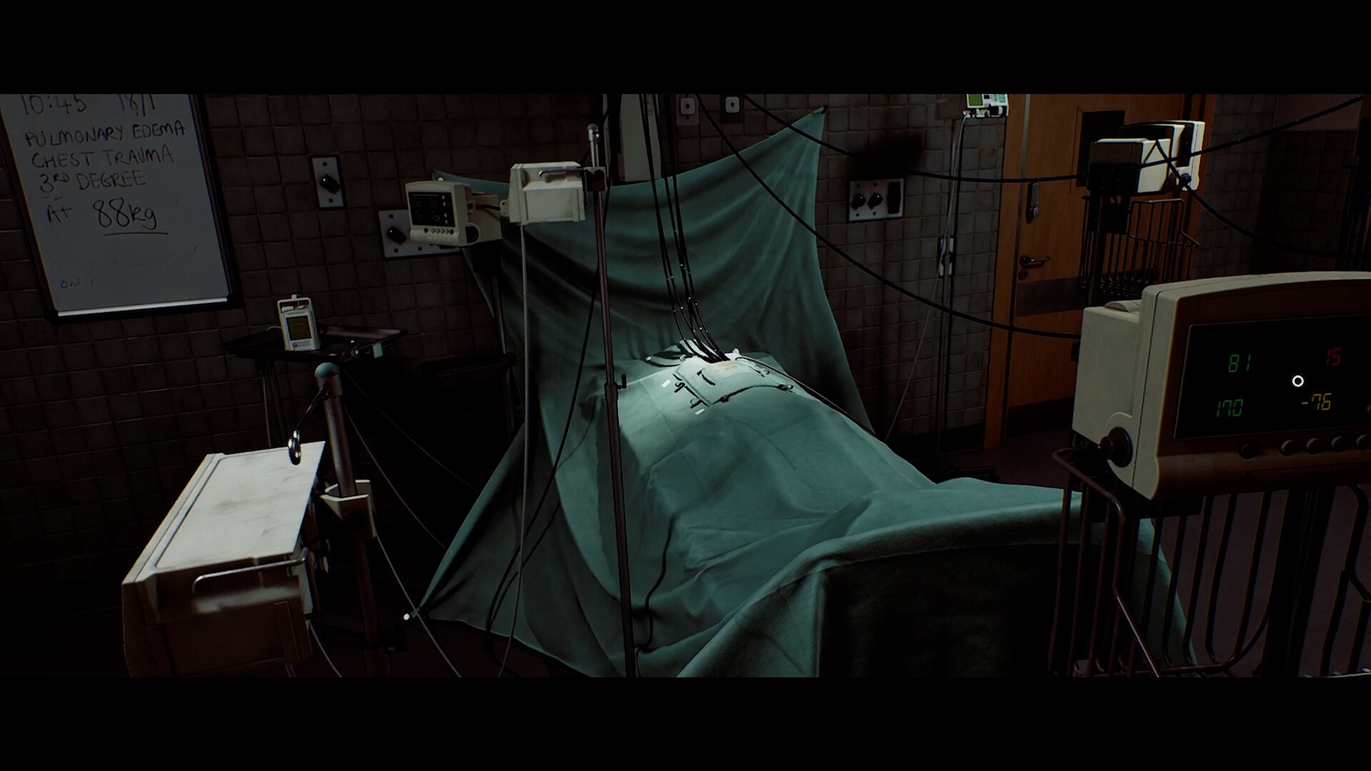 A hospital operating room in SILENT HILL: Townfall with a whiteboard listing trauma notes