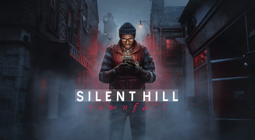Official SILENT HILL: Townfall key art showing Simon Ordell holding the CRTV device on a foggy street